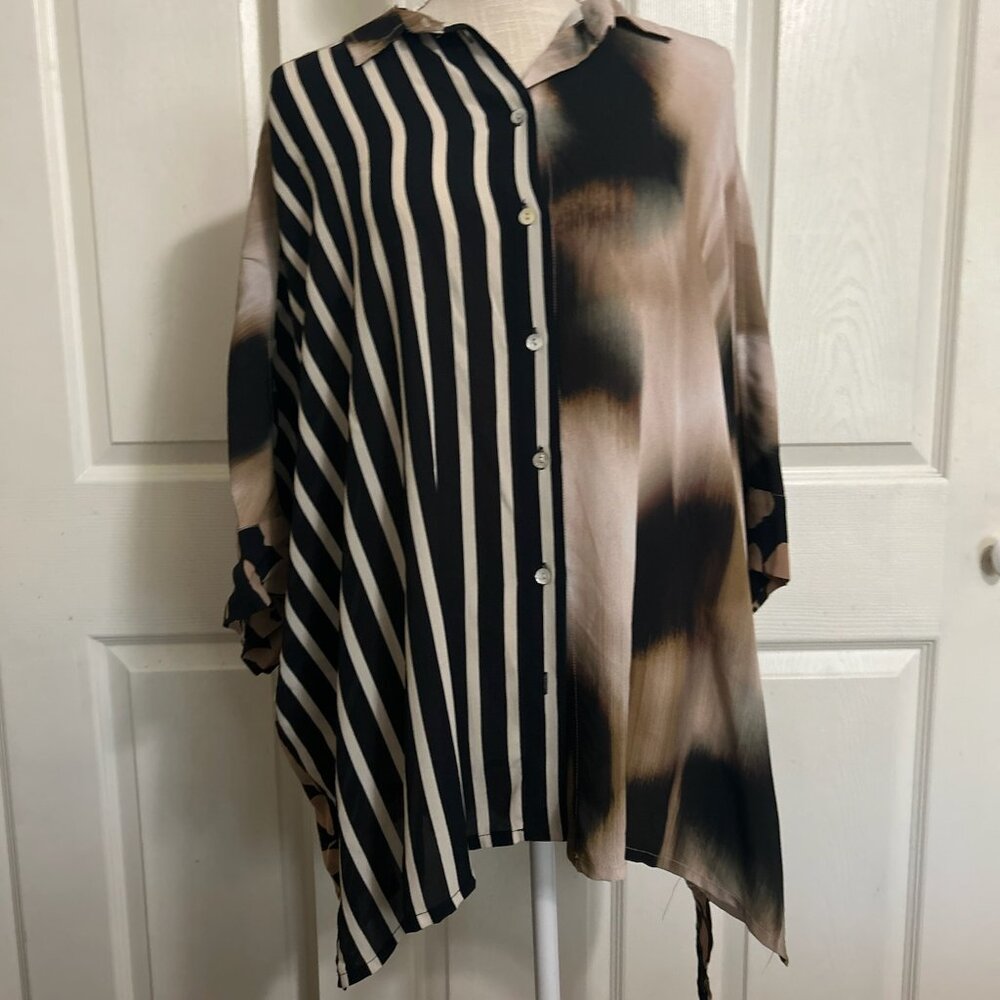 Alembika Mixed Print Button down blouse., boxy relaxed fit